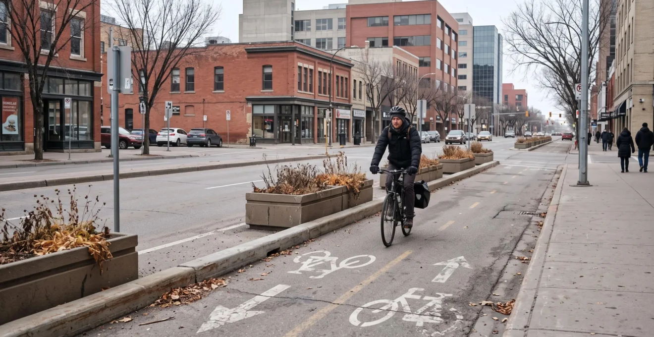 A commuter cyclist rides along a protected downtown bike lane separated from car traffic, with a pedestrian walking on the nearby sidewalk.