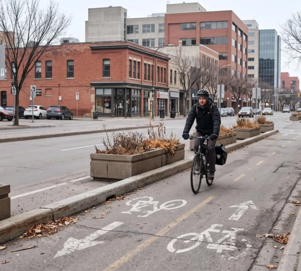 A commuter cyclist rides along a protected downtown bike lane separated from car traffic, with a pedestrian walking on the nearby sidewalk.