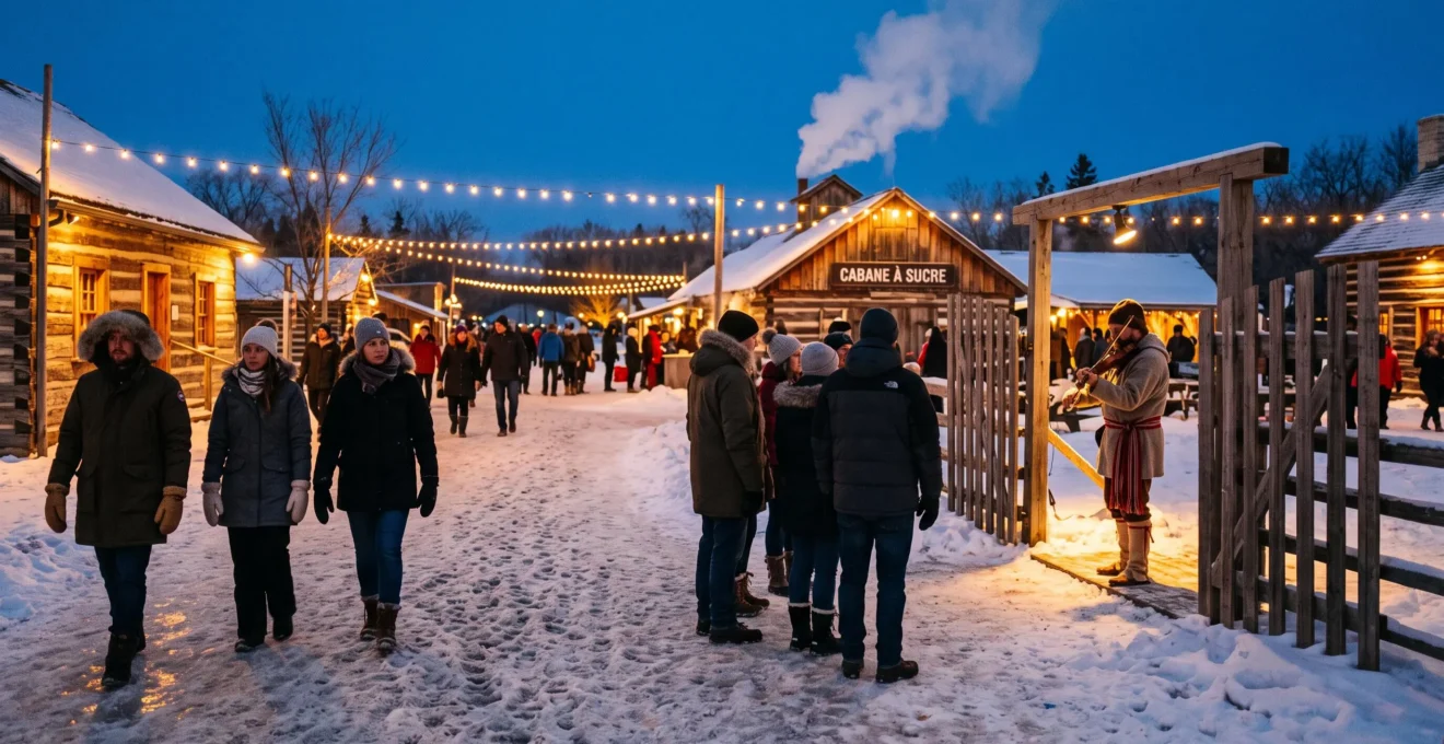 Visitors dressed in heavy winter clothing walk between illuminated historic wooden buildings and snow sculptures at a winter festival in Saint-Boniface, Winnipeg at dusk.