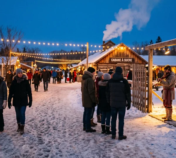 Visitors dressed in heavy winter clothing walk between illuminated historic wooden buildings and snow sculptures at a winter festival in Saint-Boniface, Winnipeg at dusk.