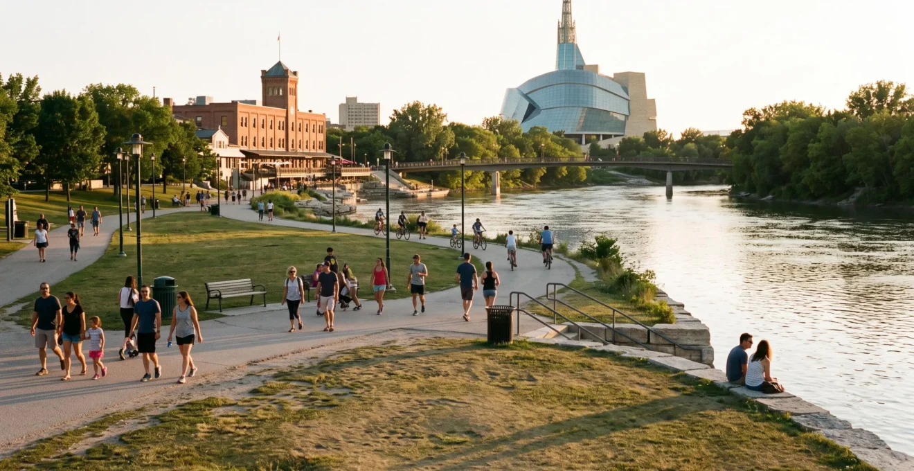 Visitors walking and relaxing on the riverbank plaza at The Forks in Winnipeg, with the junction of the Red and Assiniboine rivers in the background at golden hour.
