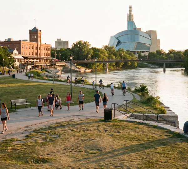 Visitors walking and relaxing on the riverbank plaza at The Forks in Winnipeg, with the junction of the Red and Assiniboine rivers in the background at golden hour.