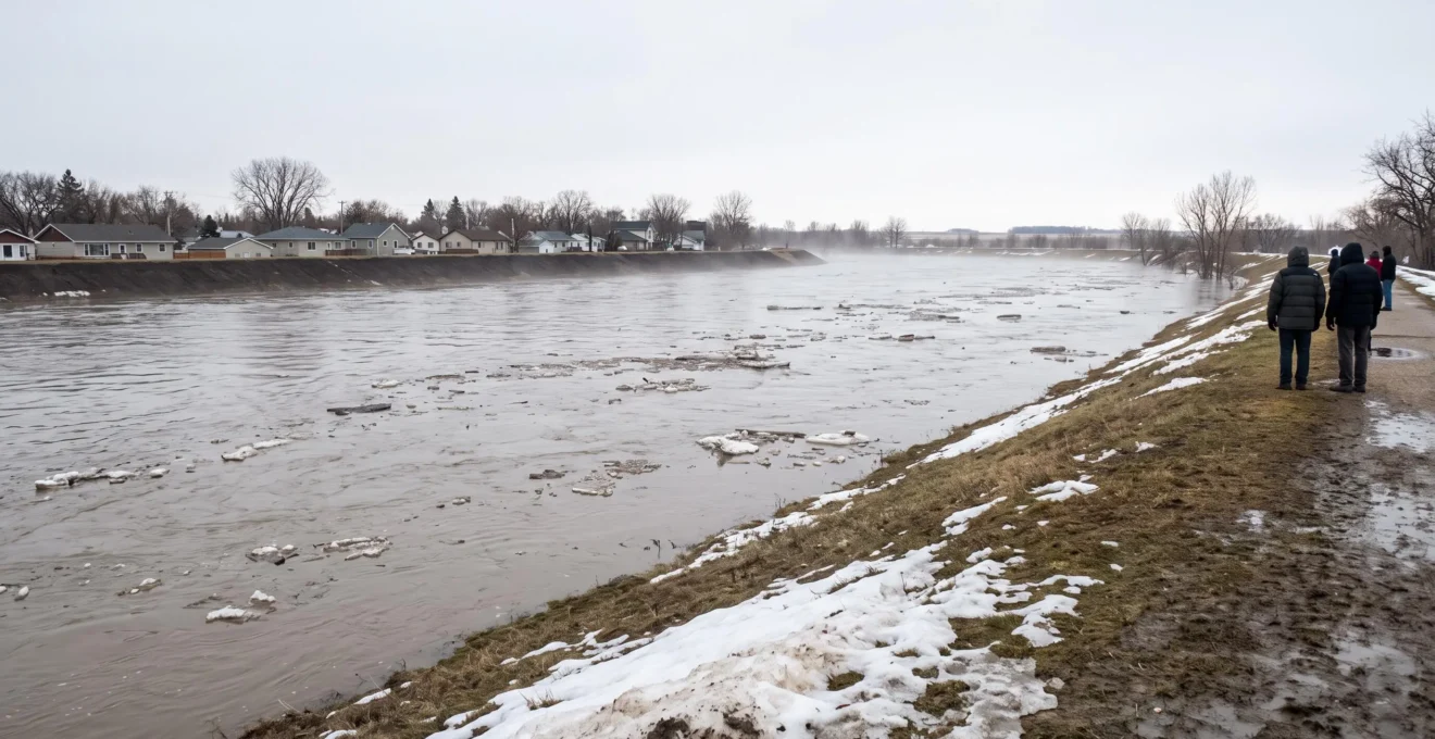 The Red River running high beside a dike near Winnipeg in spring, with residential houses protected behind the earthen flood barrier.