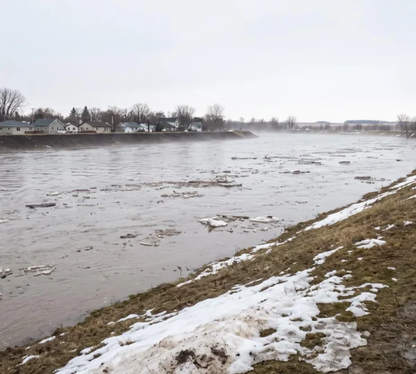 The Red River running high beside a dike near Winnipeg in spring, with residential houses protected behind the earthen flood barrier.