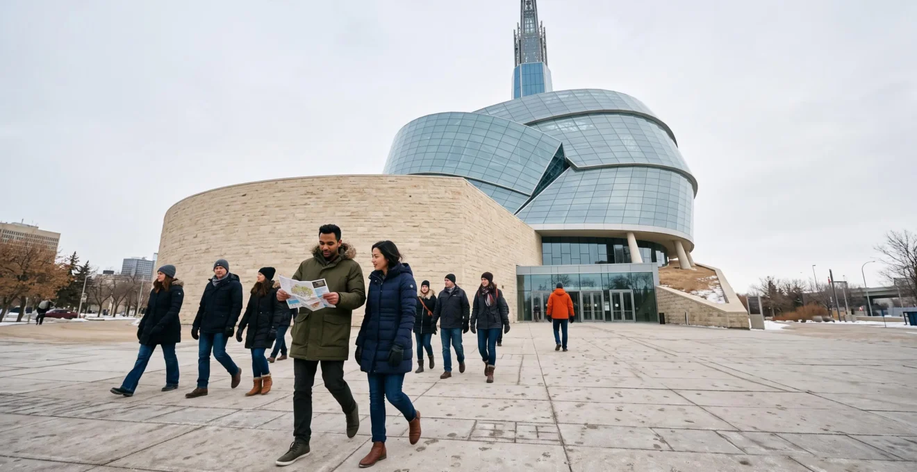 Visitors walking toward the Canadian Museum for Human Rights in Winnipeg on an overcast morning.