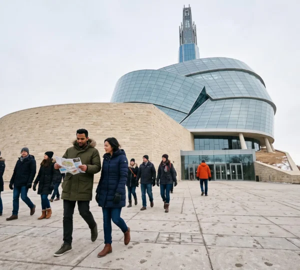 Visitors walking toward the Canadian Museum for Human Rights in Winnipeg on an overcast morning.