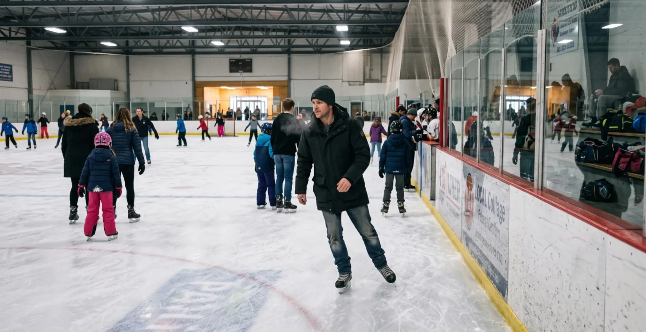 Adults skating recreationally during a public session at an indoor ice rink in Winnipeg.