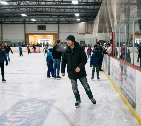 Adults skating recreationally during a public session at an indoor ice rink in Winnipeg.