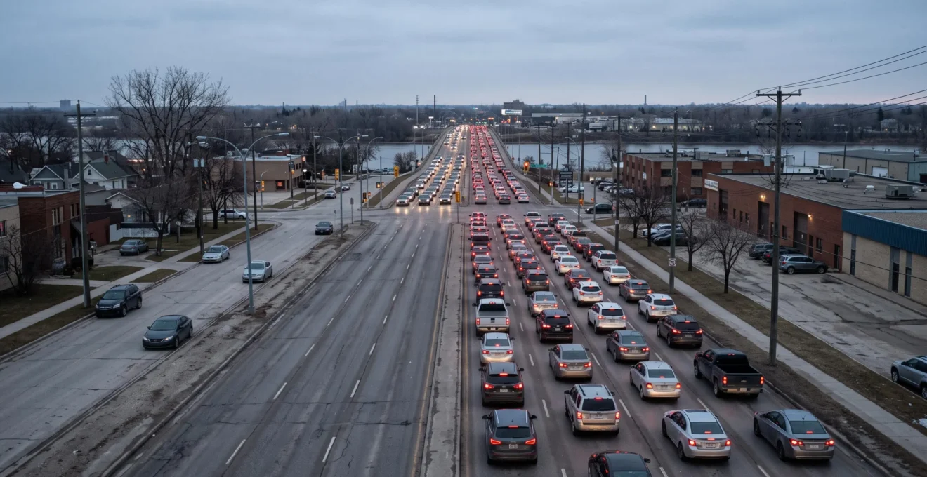 Heavy rush-hour traffic queues on a wide Winnipeg arterial road leading to a bridge, while a nearby side street remains nearly empty.