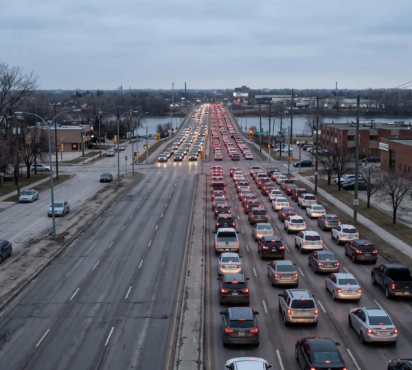 Heavy rush-hour traffic queues on a wide Winnipeg arterial road leading to a bridge, while a nearby side street remains nearly empty.