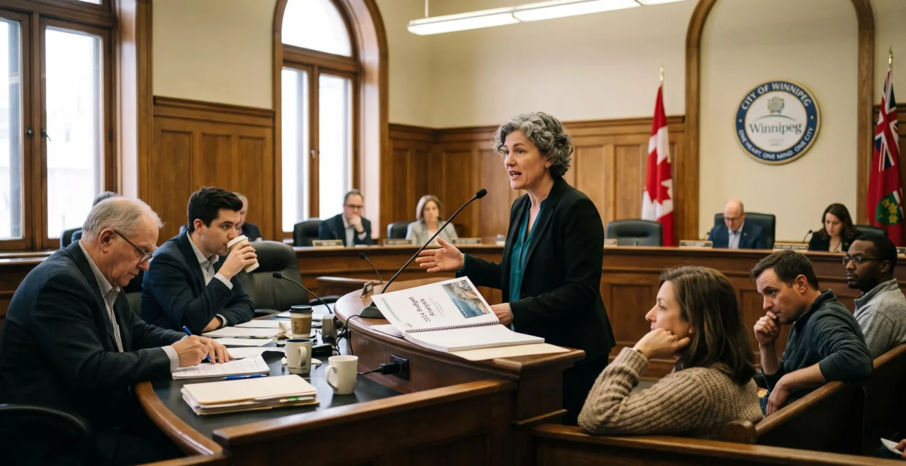 A city councillor speaking at a council desk during a public municipal meeting while residents watch from the gallery.