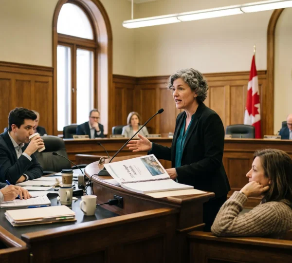 A city councillor speaking at a council desk during a public municipal meeting while residents watch from the gallery.