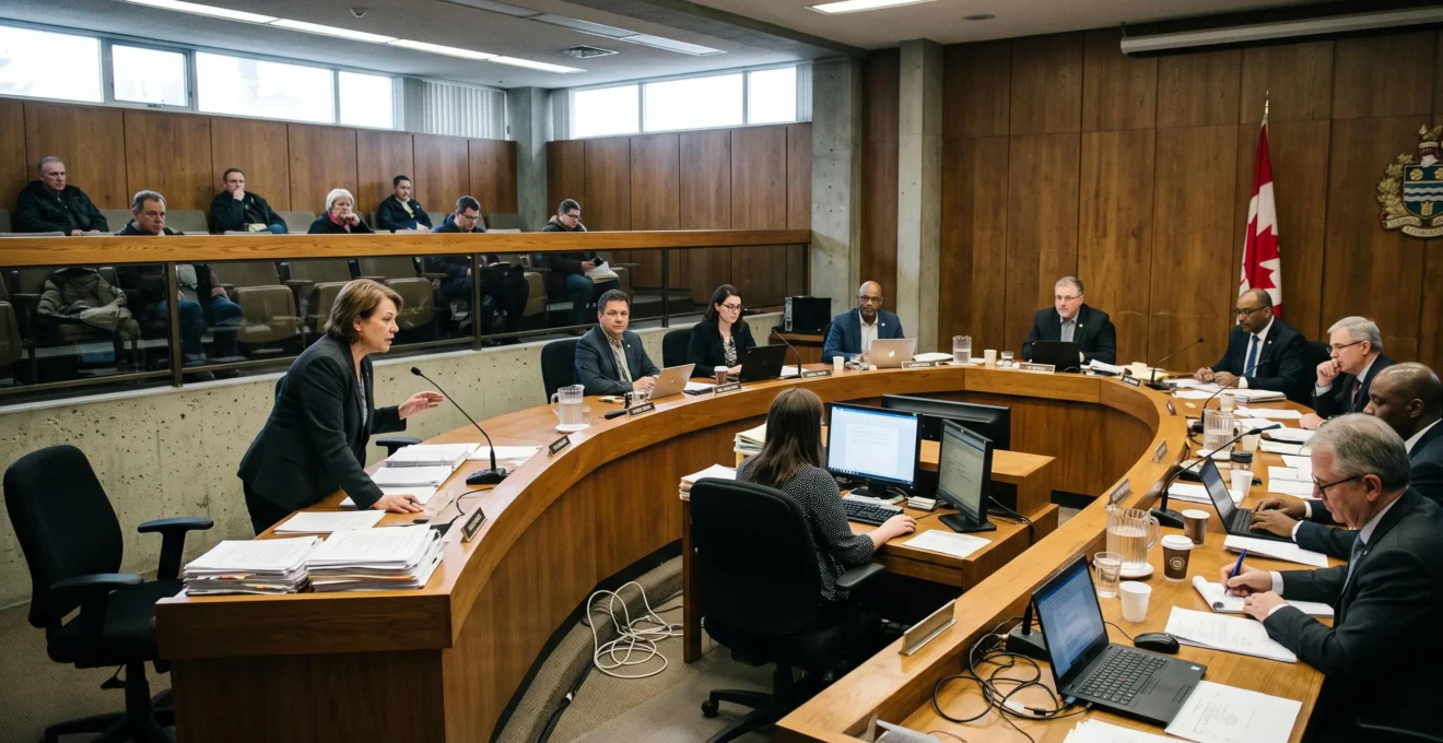 A Winnipeg city councillor speaks at the council table during a debate while other members review documents in the council chamber.