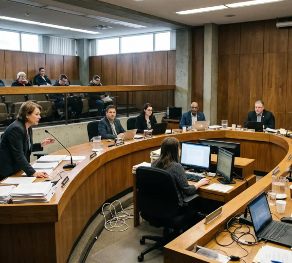 A Winnipeg city councillor speaks at the council table during a debate while other members review documents in the council chamber.