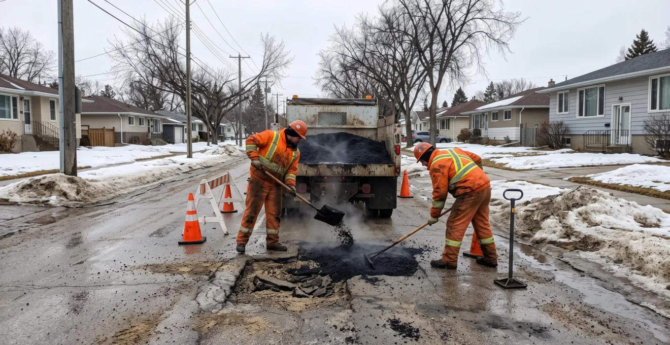 Municipal workers in high-visibility jackets filling a large pothole with asphalt on a Winnipeg street in early spring, with melting snow along the curb.