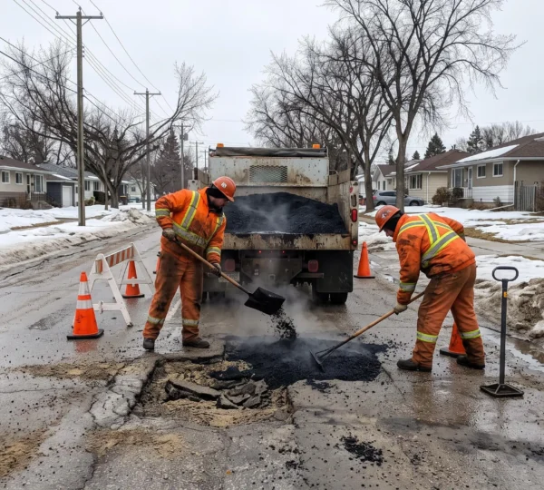 Municipal workers in high-visibility jackets filling a large pothole with asphalt on a Winnipeg street in early spring, with melting snow along the curb.