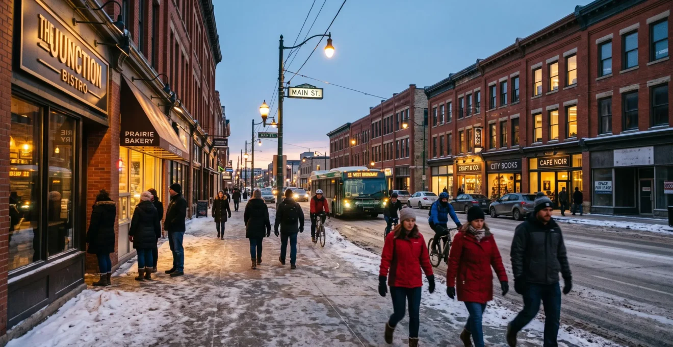 Pedestrians walking along a lit downtown Winnipeg street in winter evening, passing open cafes and shops with a few vacant storefronts further down the block.