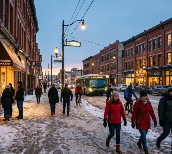 Pedestrians walking along a lit downtown Winnipeg street in winter evening, passing open cafes and shops with a few vacant storefronts further down the block.