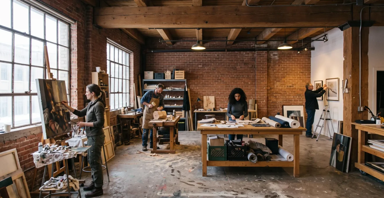 Artists working in a shared open studio and gallery space inside a converted warehouse building in Winnipeg's Exchange District.