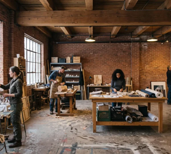 Artists working in a shared open studio and gallery space inside a converted warehouse building in Winnipeg's Exchange District.