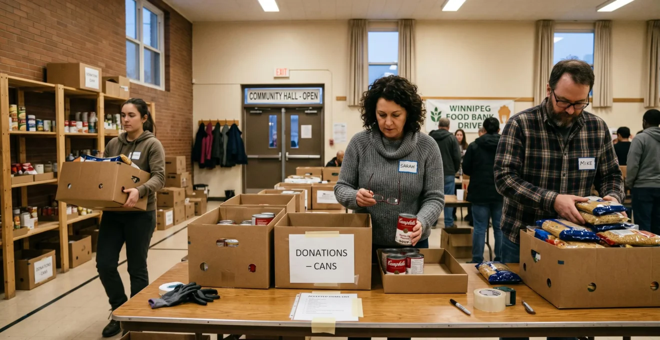 Volunteers sort canned goods and boxed donations at a Winnipeg community food drive, checking items before placing them in distribution boxes.