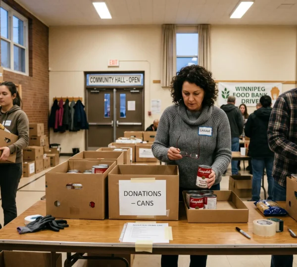 Volunteers sort canned goods and boxed donations at a Winnipeg community food drive, checking items before placing them in distribution boxes.