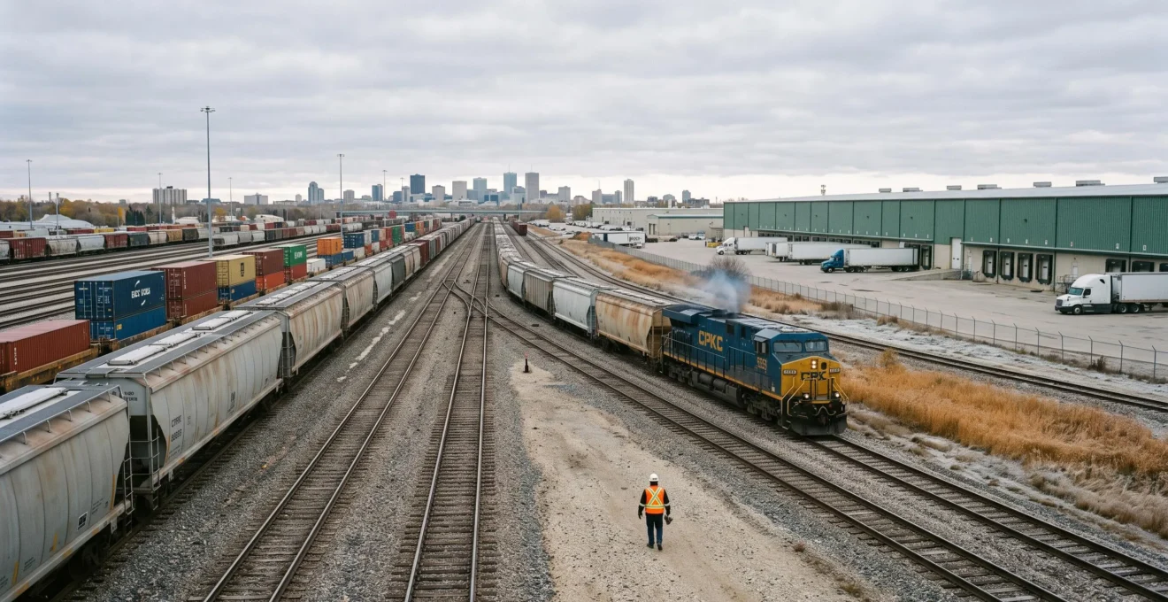 A rail worker walks through a large freight rail yard with locomotives, grain hopper cars and warehouses in Winnipeg.
