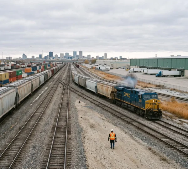 A rail worker walks through a large freight rail yard with locomotives, grain hopper cars and warehouses in Winnipeg.