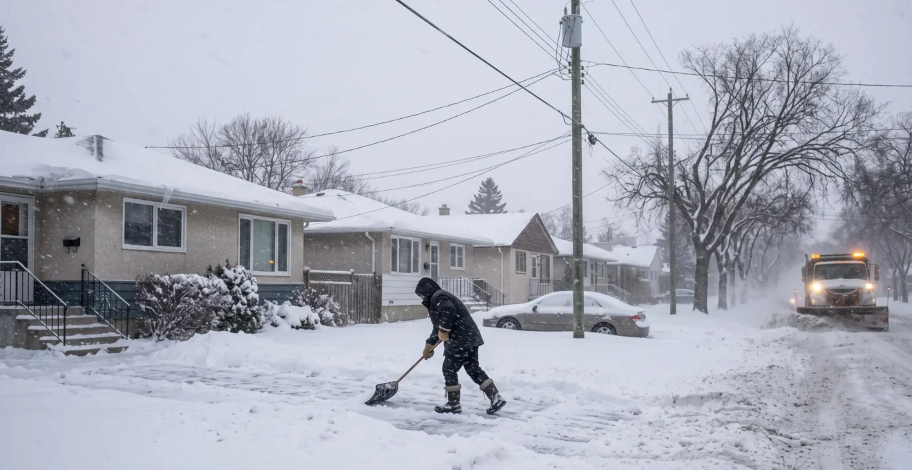 A resident shovels deep snow from a driveway on a residential Winnipeg street during a heavy snowfall, with a plow passing in the background.