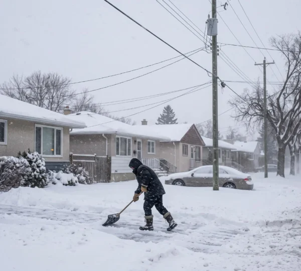 A resident shovels deep snow from a driveway on a residential Winnipeg street during a heavy snowfall, with a plow passing in the background.