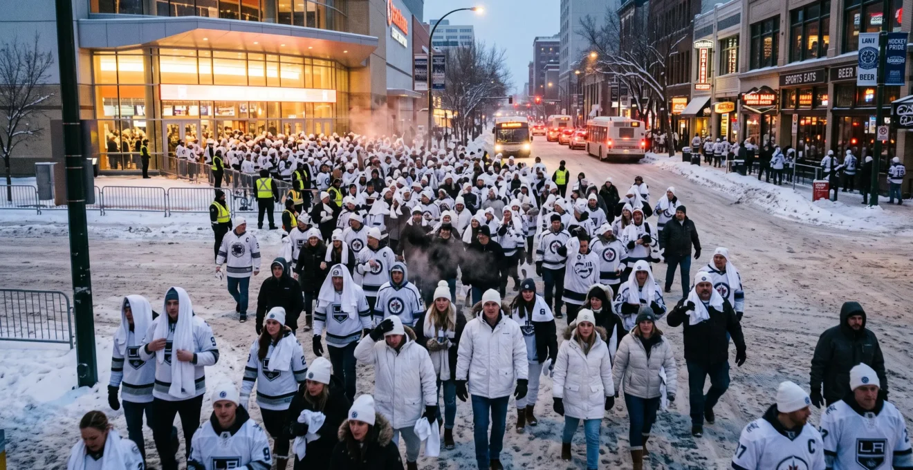 A crowd of fans dressed in white walks along a snowy downtown street after a hockey game in a mid-sized northern city.