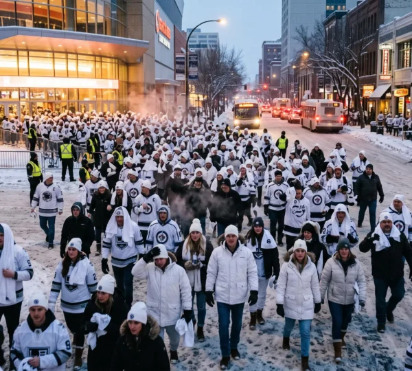 A crowd of fans dressed in white walks along a snowy downtown street after a hockey game in a mid-sized northern city.