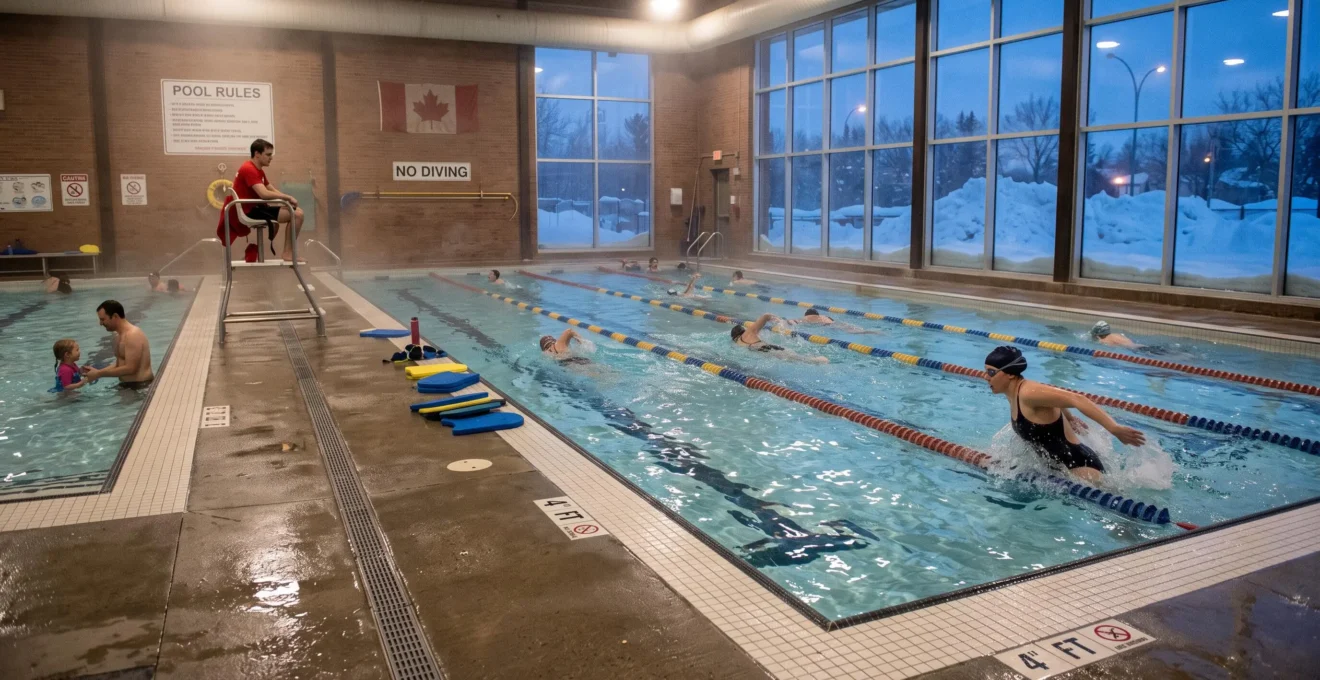 Swimmers doing laps in an indoor city pool while snow is visible through the large windows outside.