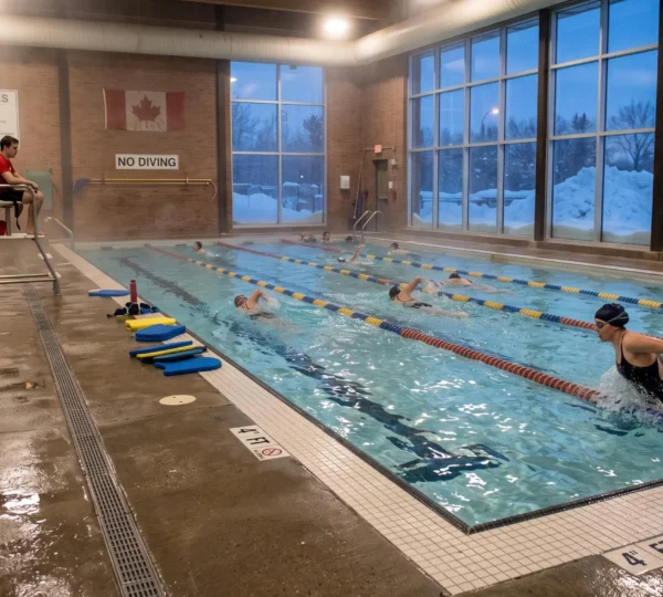 Swimmers doing laps in an indoor city pool while snow is visible through the large windows outside.