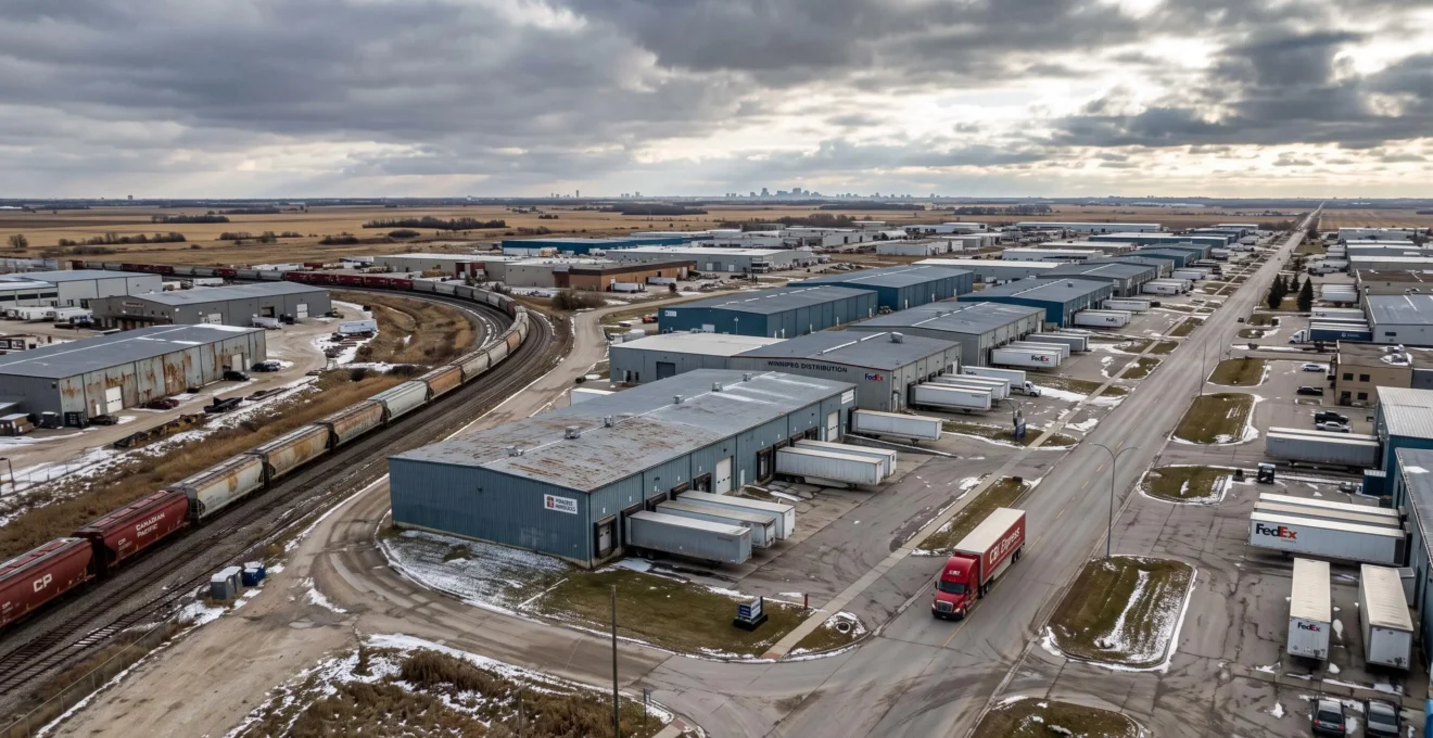 Aerial view of a Winnipeg industrial park with warehouses, parked semi-trailers, loading docks, a freight rail line and a highway corridor under late autumn light.