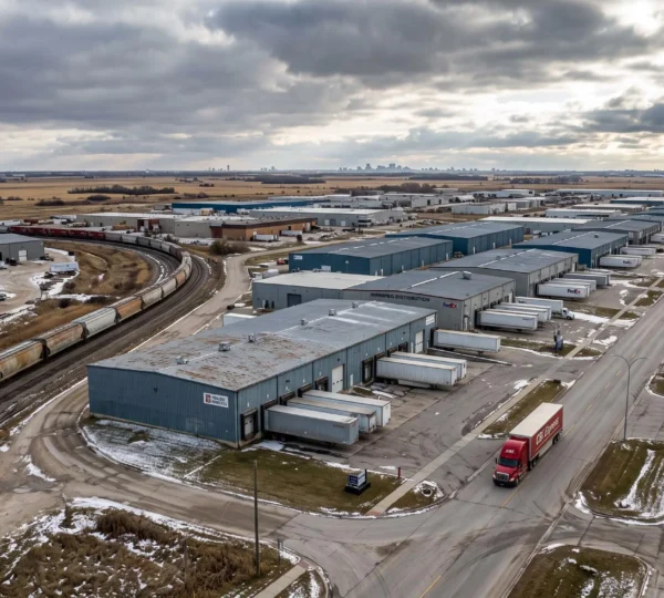 Aerial view of a Winnipeg industrial park with warehouses, parked semi-trailers, loading docks, a freight rail line and a highway corridor under late autumn light.