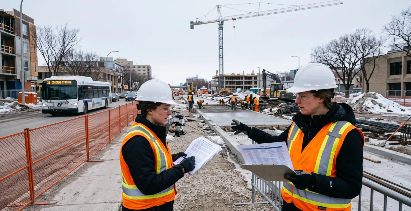 A municipal engineer in a high-visibility vest reviews a capital budget document at the edge of a bus rapid transit corridor construction site.