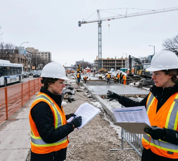 A municipal engineer in a high-visibility vest reviews a capital budget document at the edge of a bus rapid transit corridor construction site.