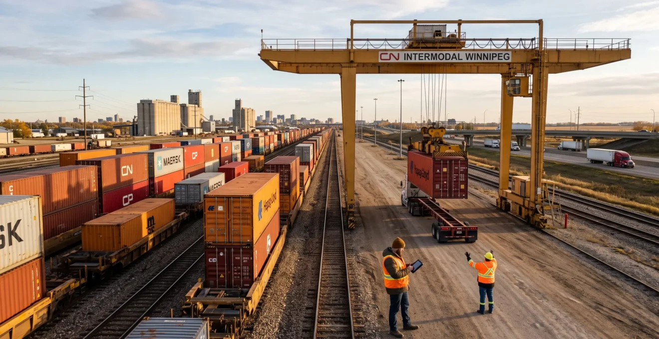 Workers coordinating the loading of a shipping container onto a truck at a busy intermodal rail yard in Winnipeg.
