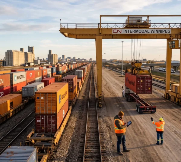 Workers coordinating the loading of a shipping container onto a truck at a busy intermodal rail yard in Winnipeg.