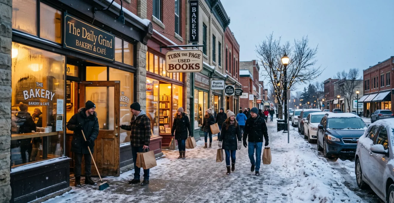 Shoppers walk along a snowy commercial street lined with independent Winnipeg storefronts while a shopkeeper clears the sidewalk in front of her shop.