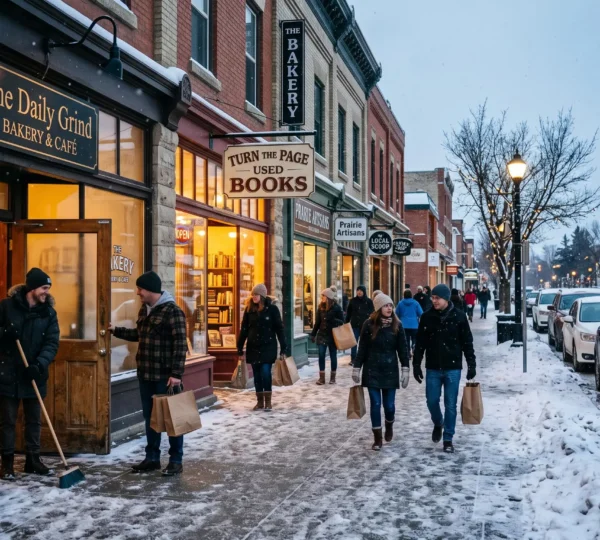 Shoppers walk along a snowy commercial street lined with independent Winnipeg storefronts while a shopkeeper clears the sidewalk in front of her shop.
