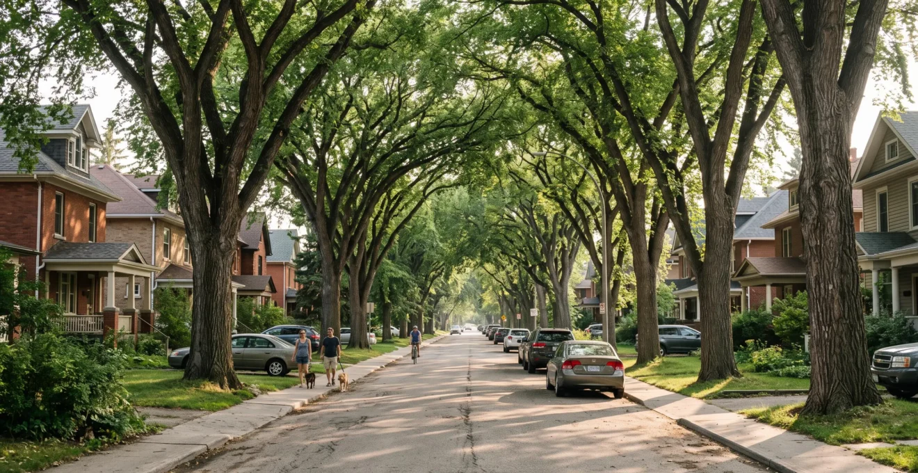 A mature tree-lined residential street in Winnipeg with elm canopies arching overhead and people walking in the shade.