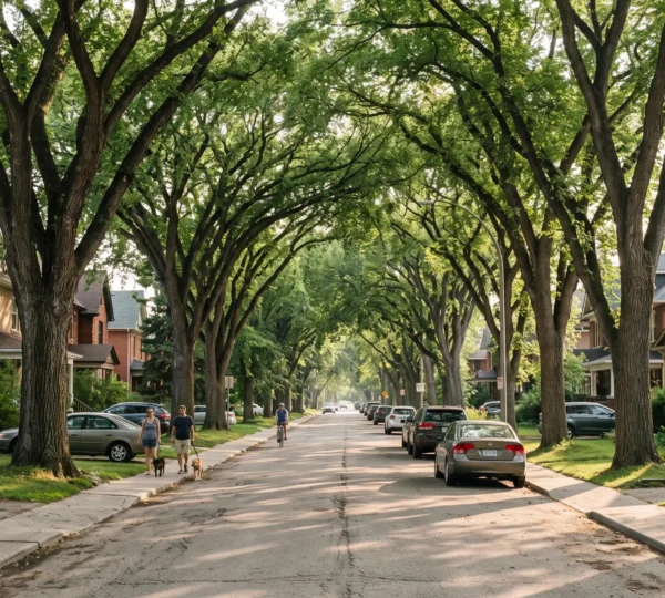 A mature tree-lined residential street in Winnipeg with elm canopies arching overhead and people walking in the shade.