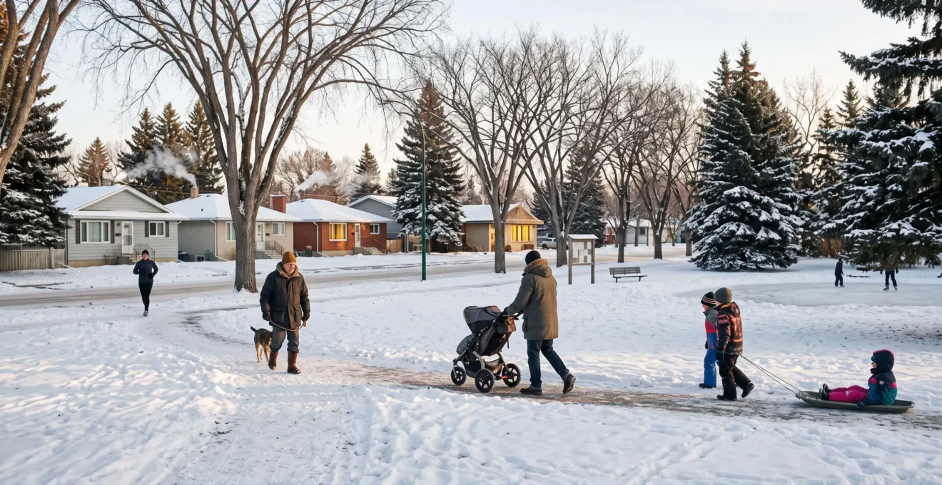 Residents walking, sledding and skating in a snowy Winnipeg neighbourhood park on a clear winter afternoon.
