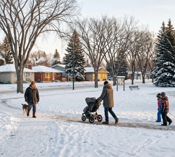Residents walking, sledding and skating in a snowy Winnipeg neighbourhood park on a clear winter afternoon.