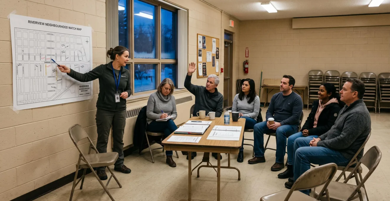 Residents gathered around a table in a community hall while a coordinator points at a street map during a neighbourhood watch meeting.
