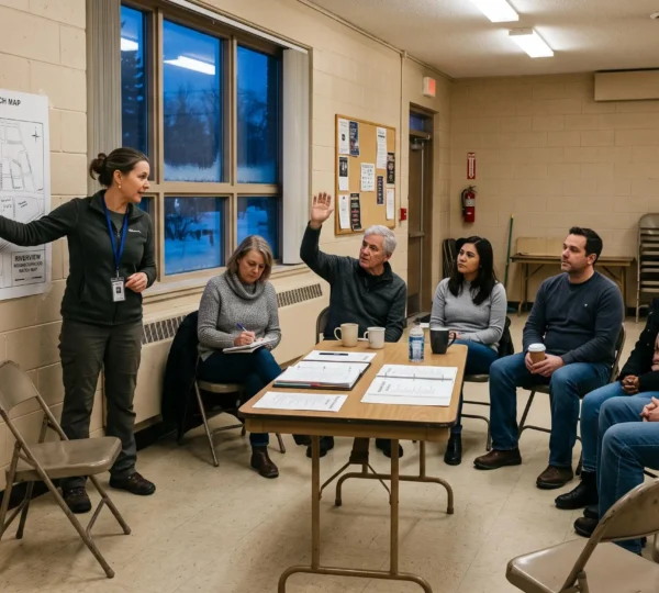 Residents gathered around a table in a community hall while a coordinator points at a street map during a neighbourhood watch meeting.