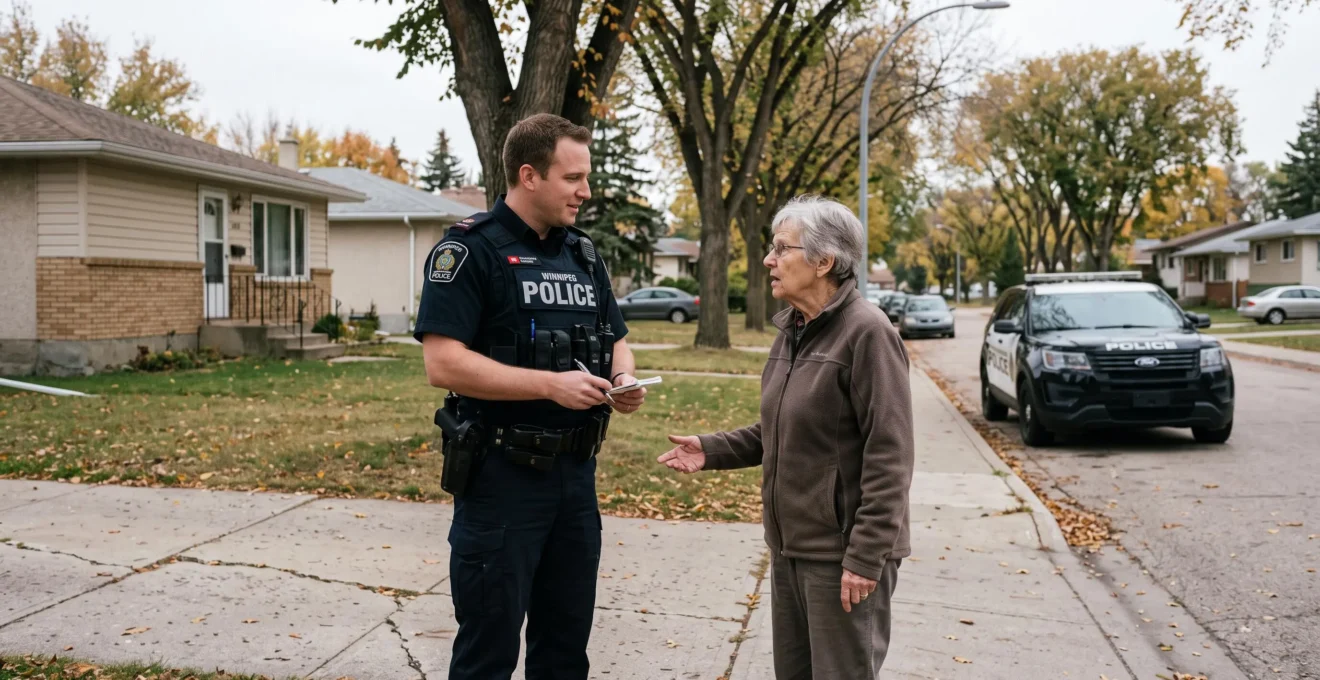 A police officer talks with a resident on a residential Winnipeg street while taking notes near a parked patrol car.