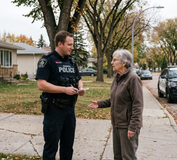 A police officer talks with a resident on a residential Winnipeg street while taking notes near a parked patrol car.